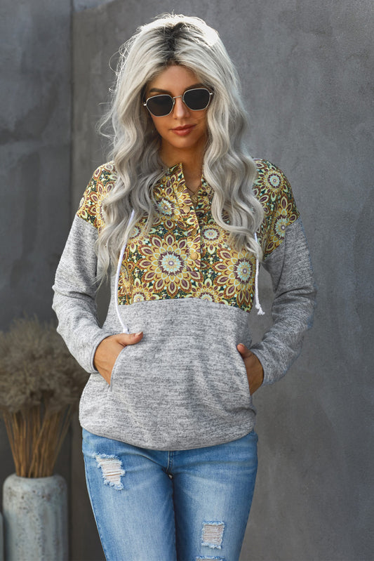 Women's Floral Drawstring Half Snap Hoodie