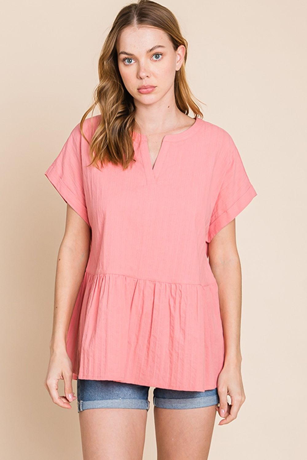 Women's Notched Short Sleeve Peplum Top