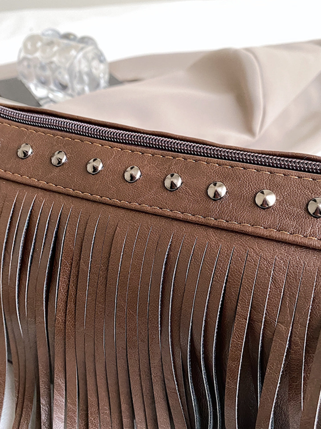 Leather Fringe Studded Crossbody Bag