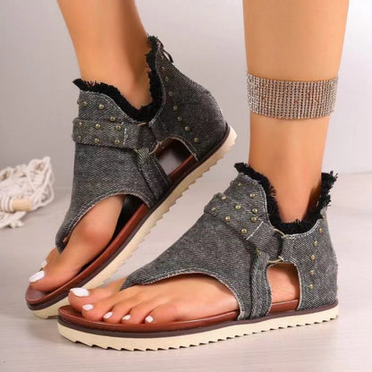 Women's Studded Raw Hem Flat Denim Sandals