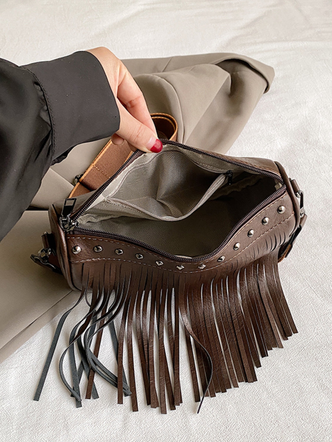 Leather Fringe Studded Crossbody Bag