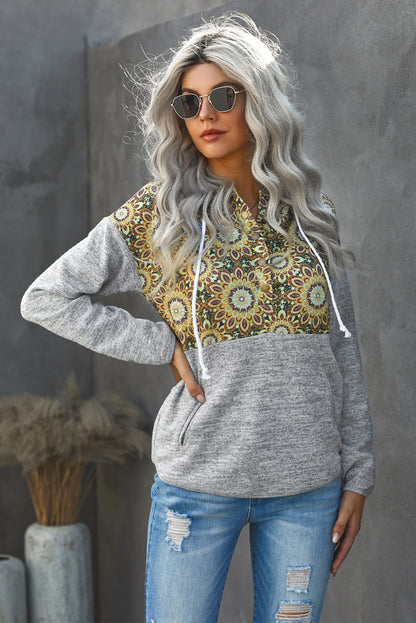 Women's Floral Drawstring Half Snap Hoodie