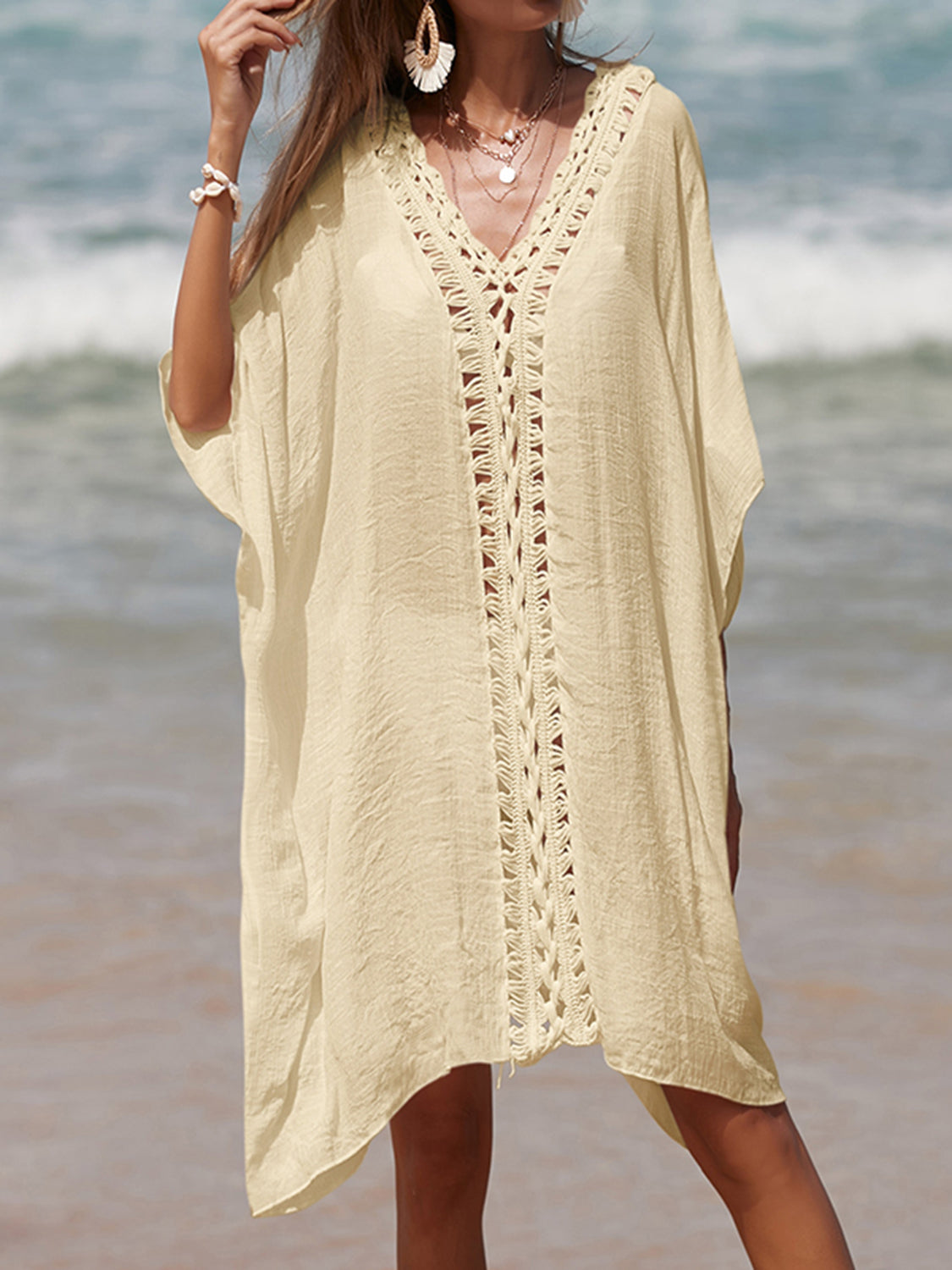 Women's Cutout V-Neck Three-Quarter Sleeve Cover Up