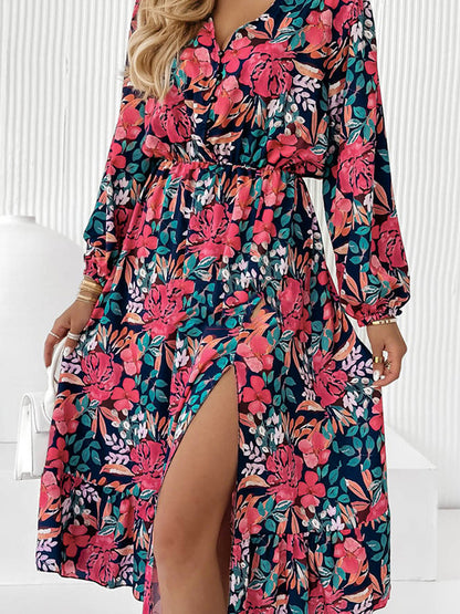 Women's Printed Floral Long Sleeve Slit Dress