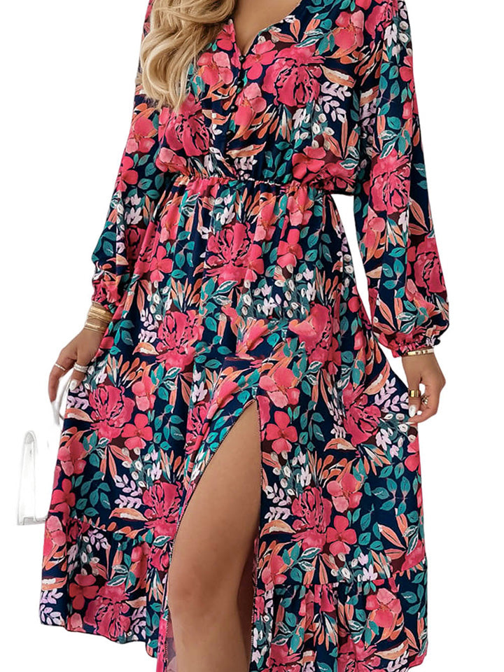 Women's Printed Floral Long Sleeve Slit Dress