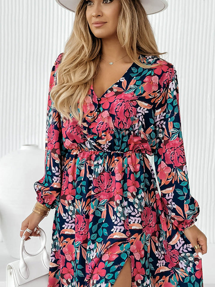 Women's Printed Floral Long Sleeve Slit Dress