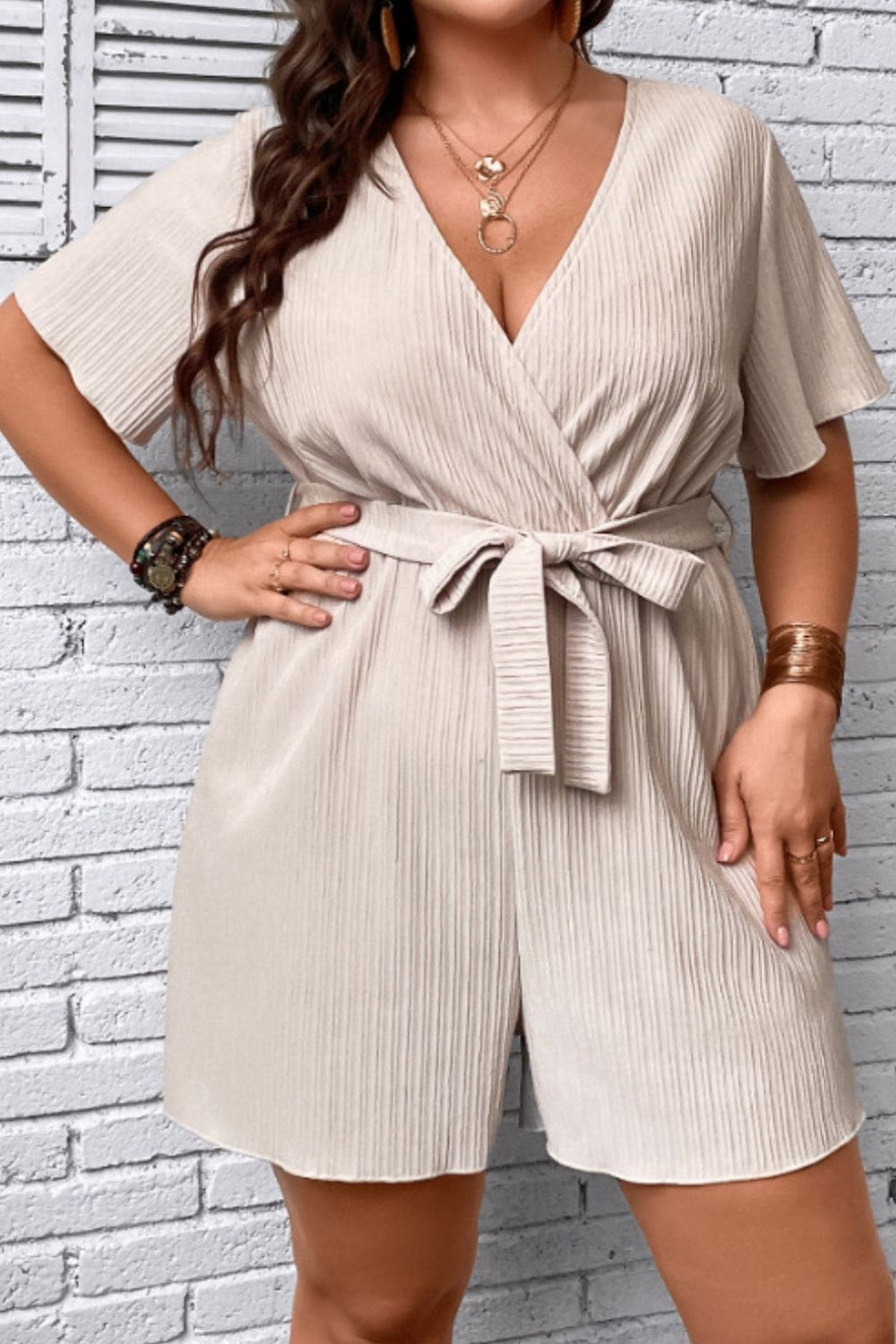 Women's Plus Size Tie Waist Surplice Neck Romper