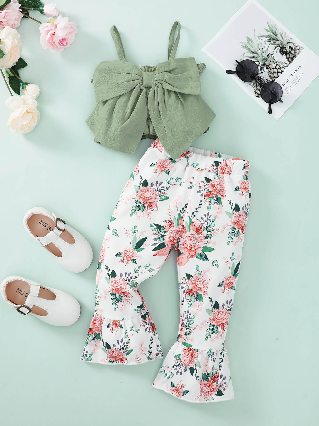 Girls Infant/Toddler Bow Detail Cami and Floral Flare Pants Set