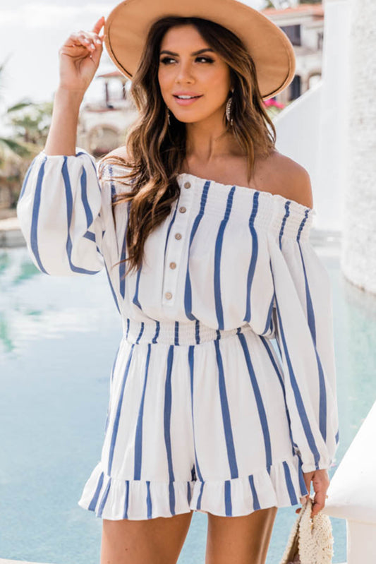 Women's Striped Off Shoulder Smocked Romper