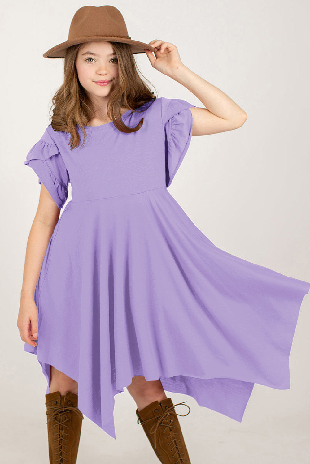 Girl's Round Neck Petal Sleeve Dress