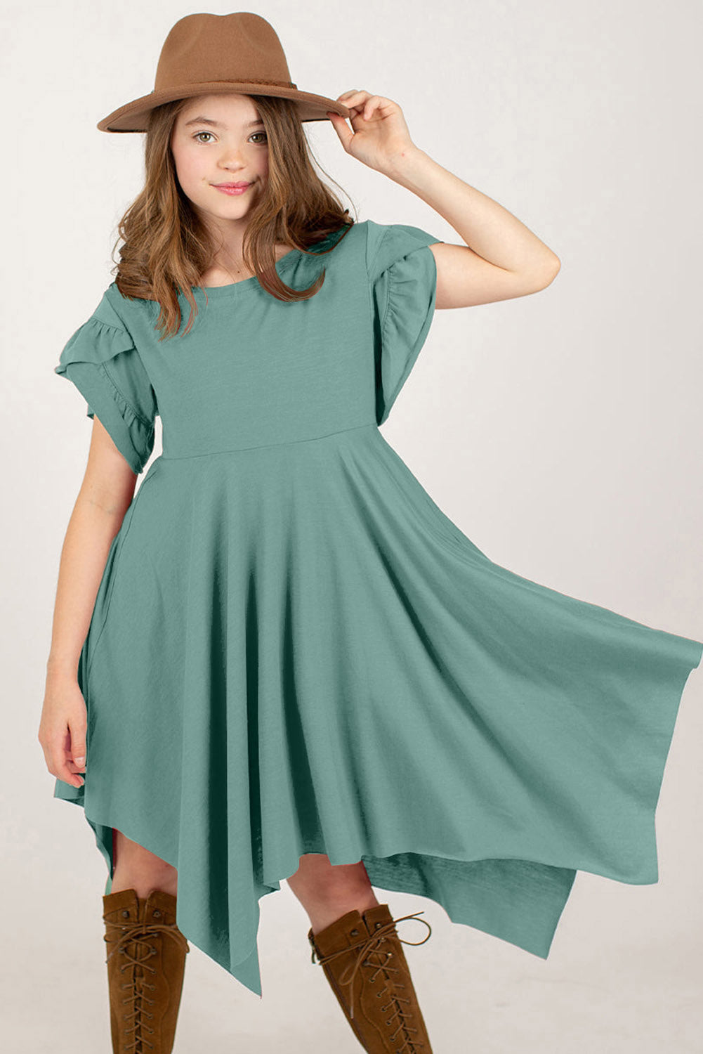 Girl's Round Neck Petal Sleeve Dress