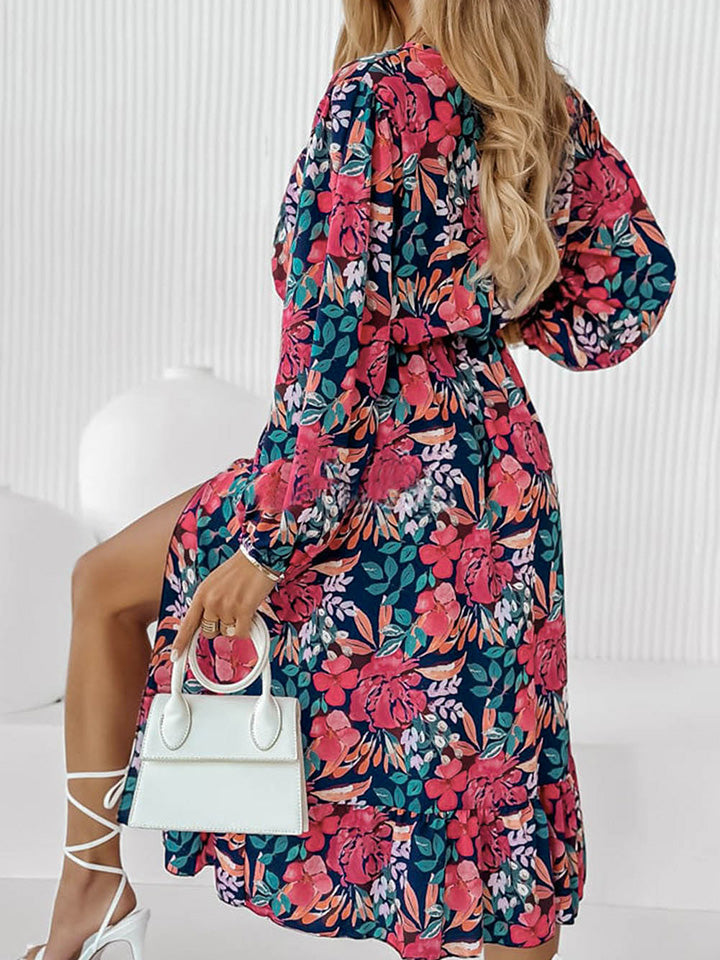 Women's Printed Floral Long Sleeve Slit Dress