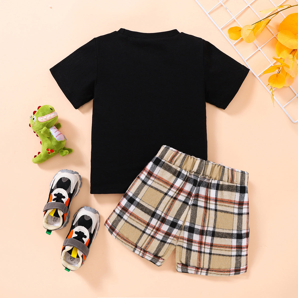 Boy's Dinosaur Graphic Tee and Plaid Shorts Set