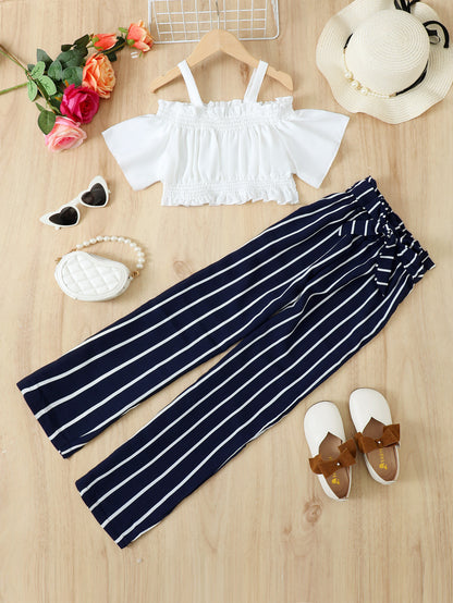 Girl's Frill Trim Cropped Top and Striped Pants Set