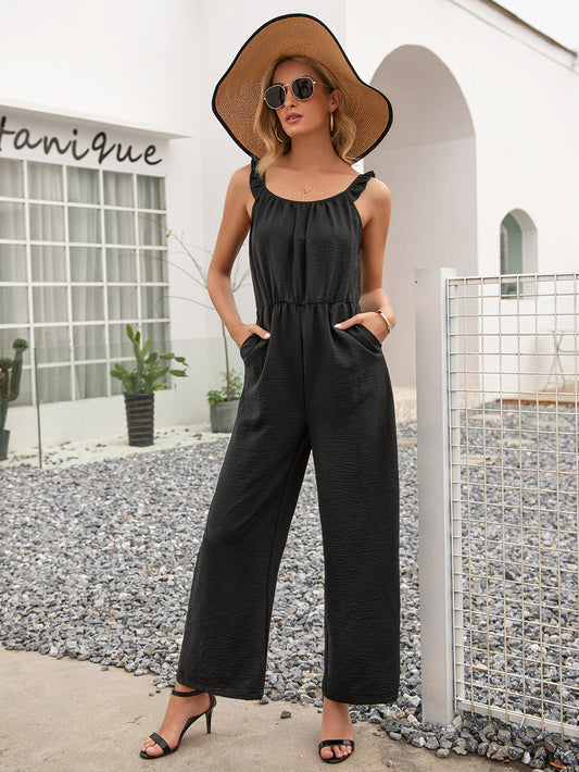 Women's Round Neck Sleeveless Jumpsuit with Pockets