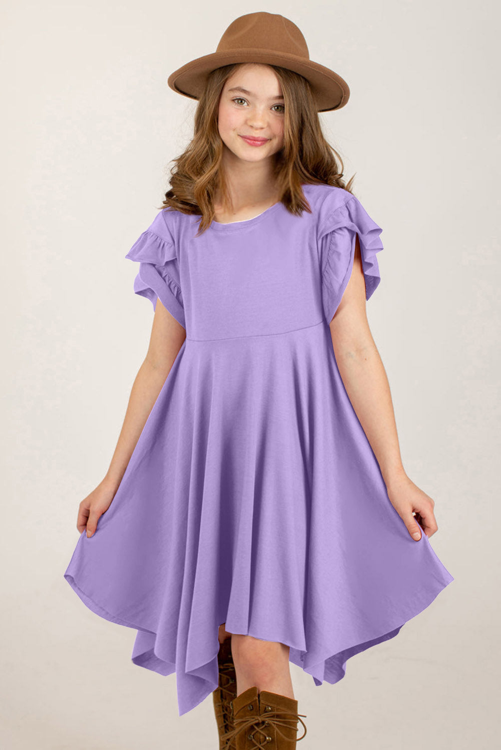 Girl's Round Neck Petal Sleeve Dress