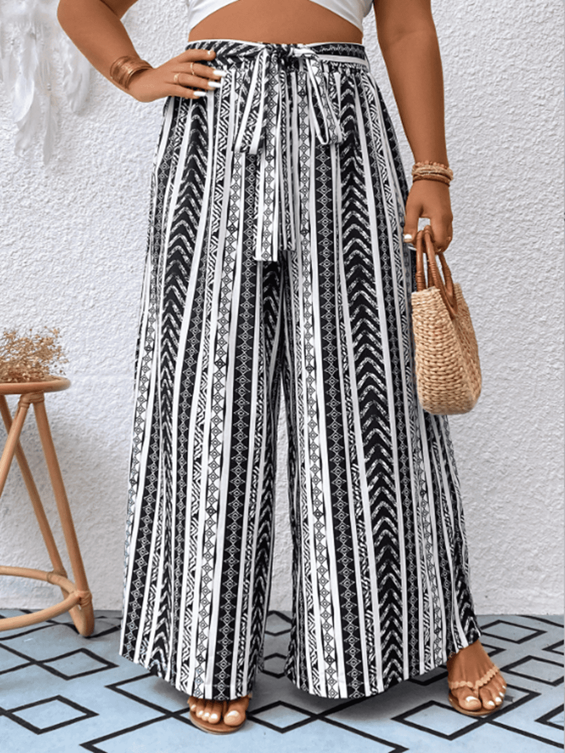 Women's Plus Size Striped Tied Wide Leg Pants