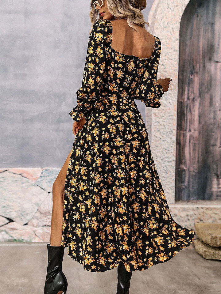 Women's Flower Print Long Sleeve Slit Dress