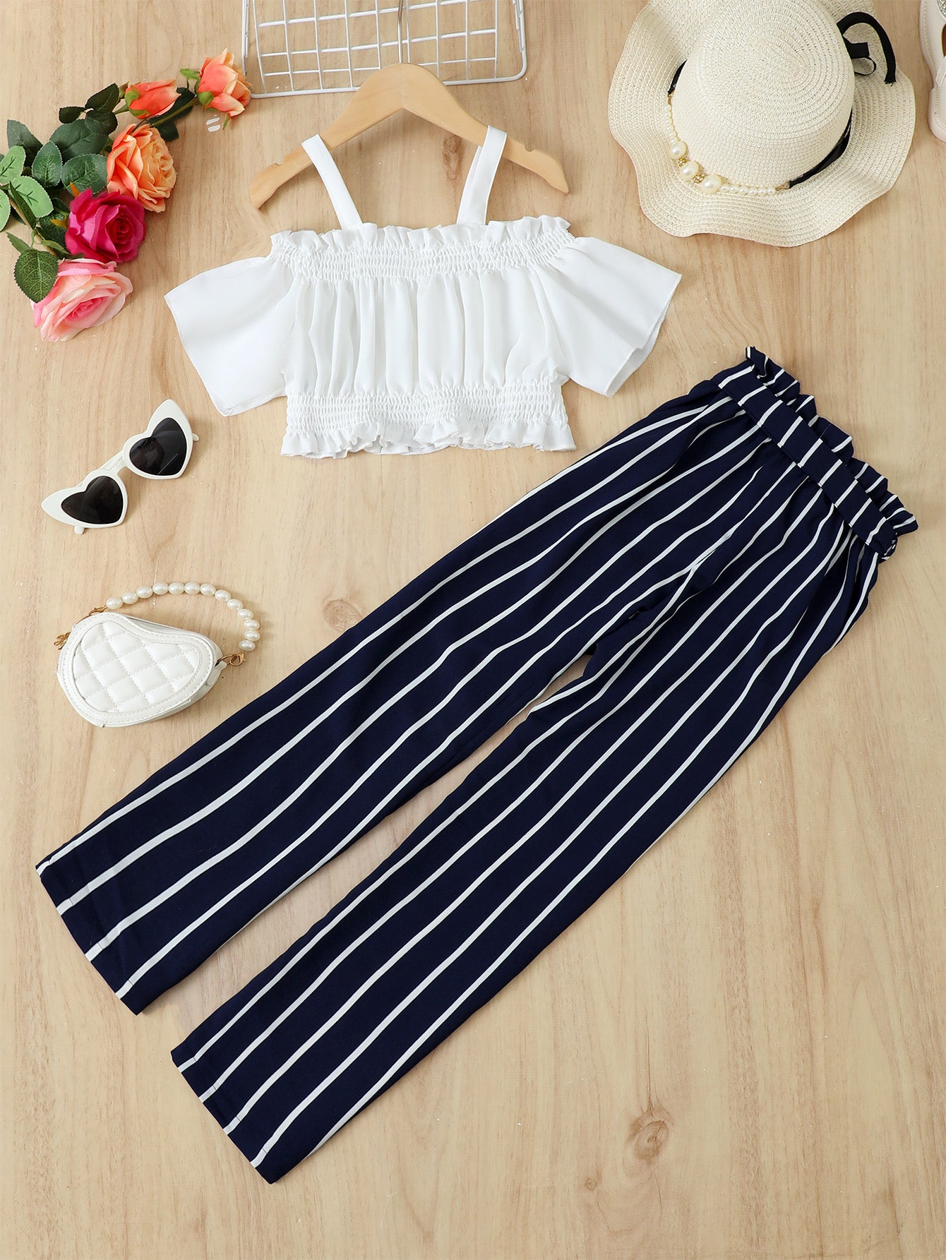 Girl's Frill Trim Cropped Top and Striped Pants Set