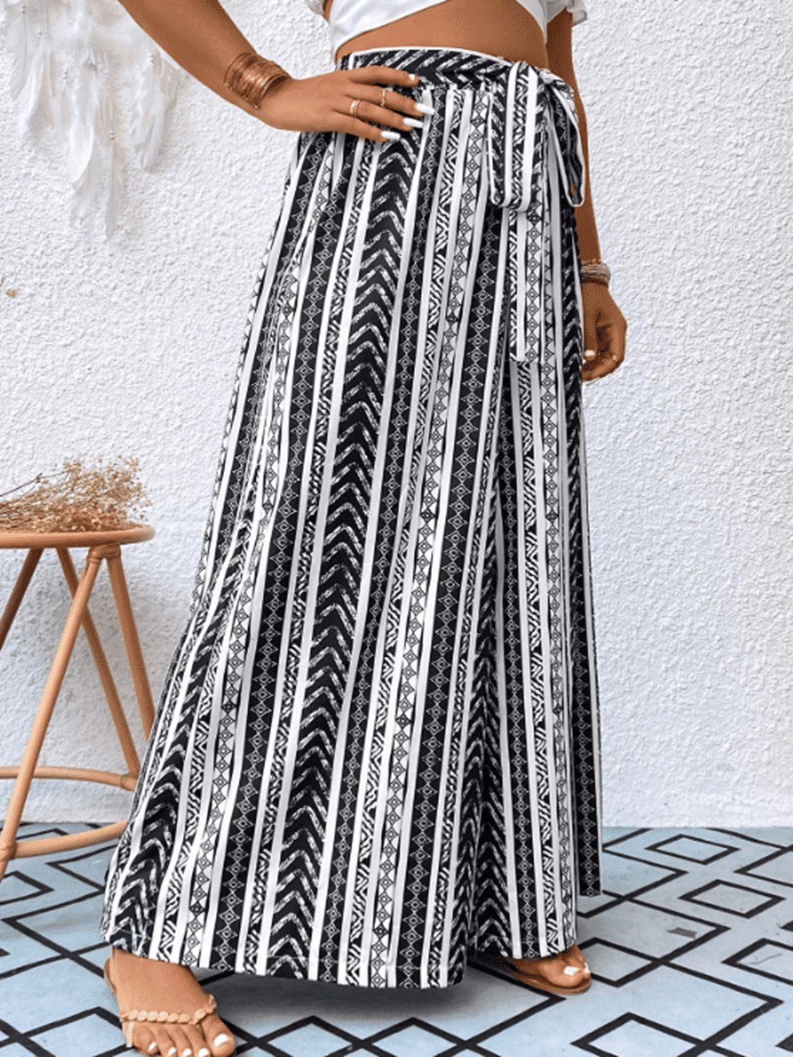 Women's Plus Size Striped Tied Wide Leg Pants