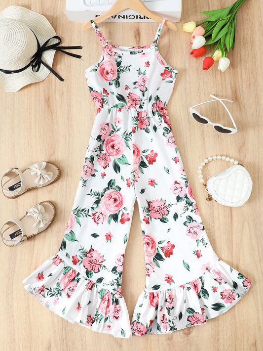 Girl's Floral Spaghetti Strap Flare Leg Jumpsuit