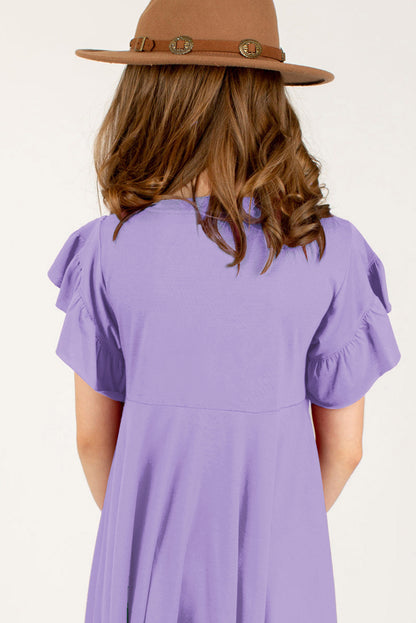 Girl's Round Neck Petal Sleeve Dress