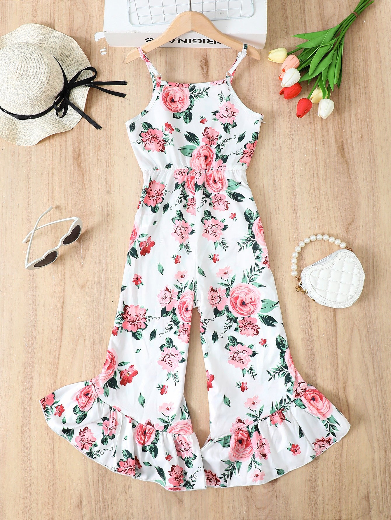 Girl's Floral Spaghetti Strap Flare Leg Jumpsuit