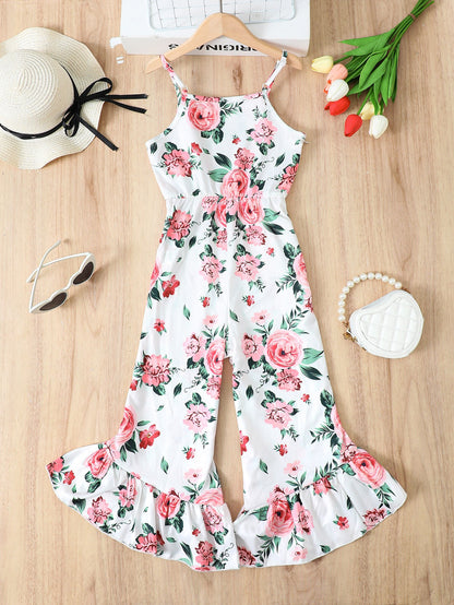 Girl's Floral Spaghetti Strap Flare Leg Jumpsuit