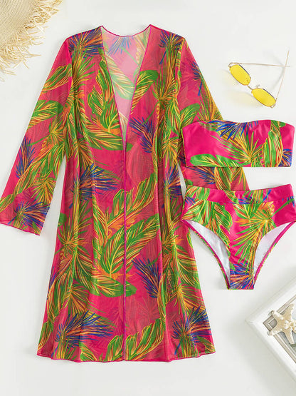 Women's Botanical Print Tube Top, Swim Bottoms, and Cover Up Swimwear Set