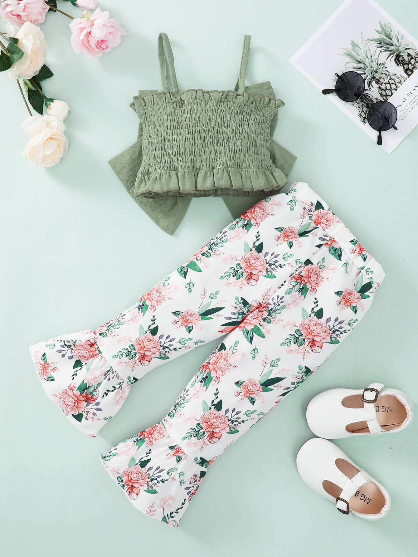 Girls Infant/Toddler Bow Detail Cami and Floral Flare Pants Set