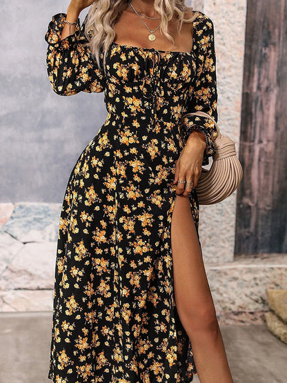 Women's Flower Print Long Sleeve Slit Dress