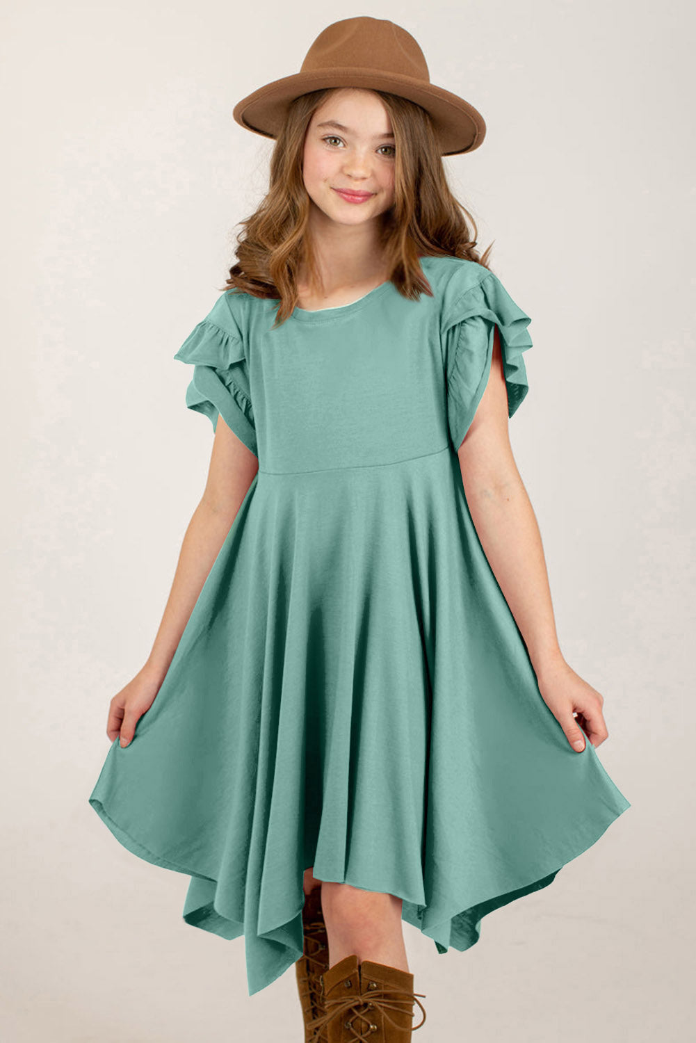 Girl's Round Neck Petal Sleeve Dress