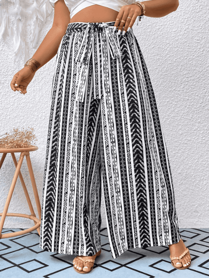 Women's Plus Size Striped Tied Wide Leg Pants